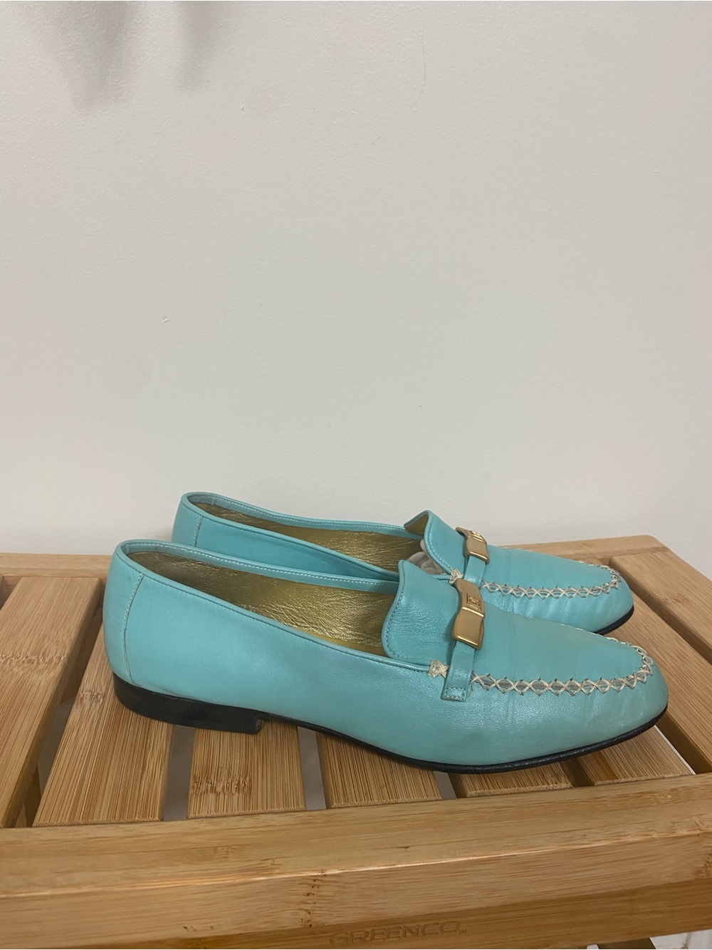 Vintage ESCADA Turquoise Leather Loafers Gold Bow Made in Italy 7.5B